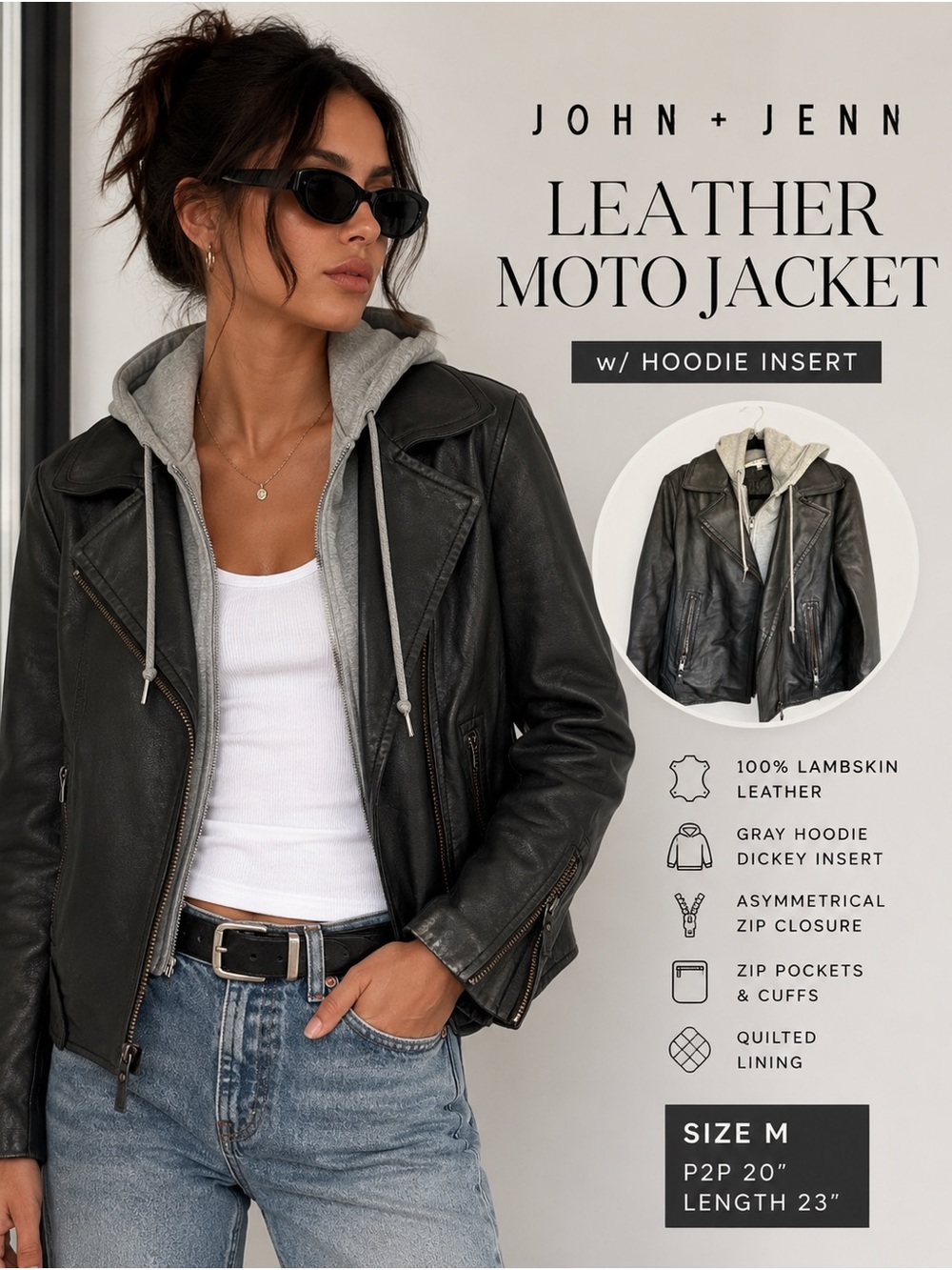 John + Jenn Black Leather Moto Jacket with Gray Hoodie Insert